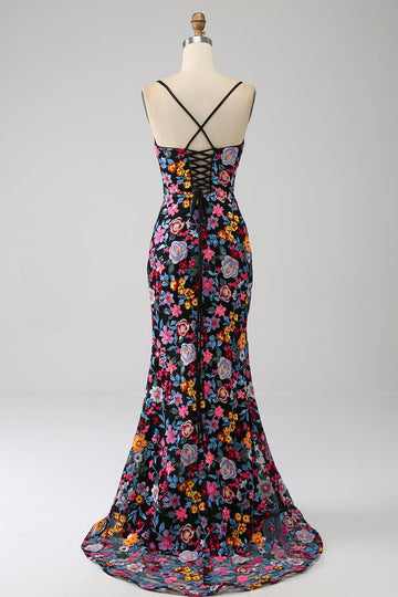 Mermaid Spaghetti Straps Black Flower Embroidered Ball Dress With Side Slit